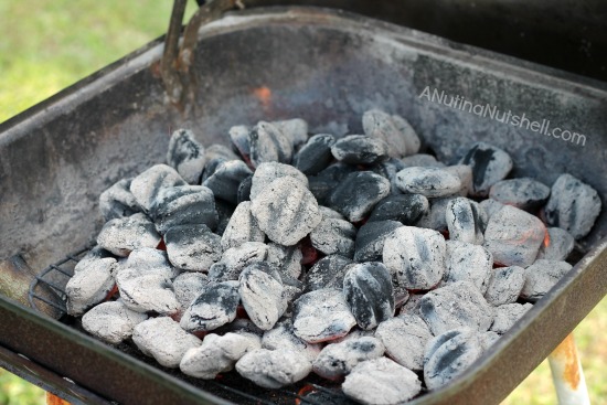 ashed over coal briquets on grill