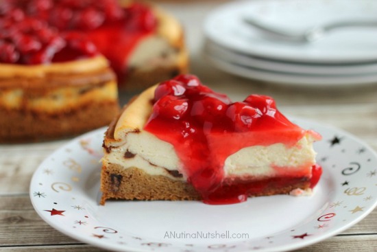 Cherry Topped Cheesecake with Triple Chocolate Chunk Cookie Crust - recipe