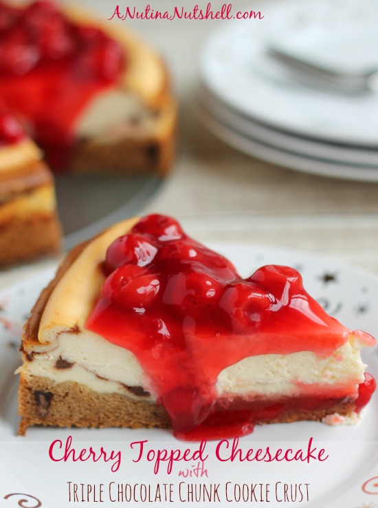 Cherry Topped Cheesecake with Triple Chocolate Chunk Cookie Crust