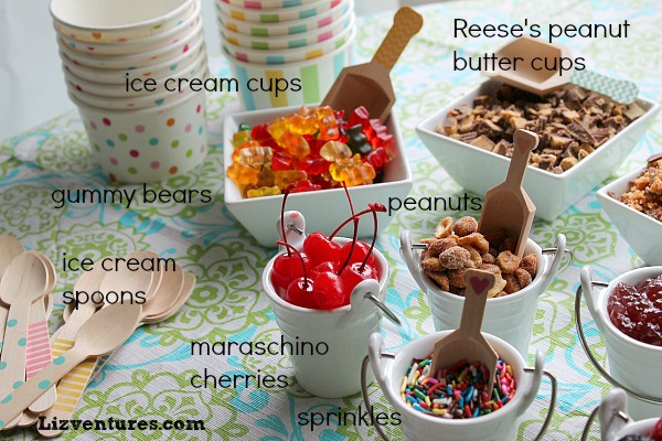 ice cream sundae bar cups, spoons and toppings